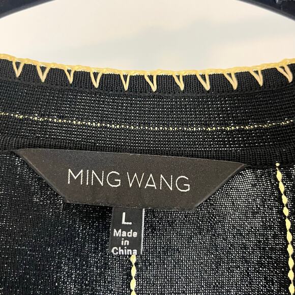 Ming Wang Belted Acrylic Knit Cardigan Jacket Large Black Cream Embroidered L - Picture 2 of 6